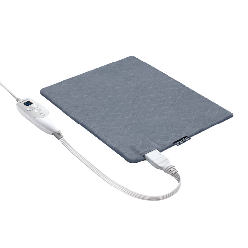 6 Heat Settings - Grey 12 x 15 | Angled view of the grey Homedics 12" x 15" Plush Heating Pad with 6 heat settings